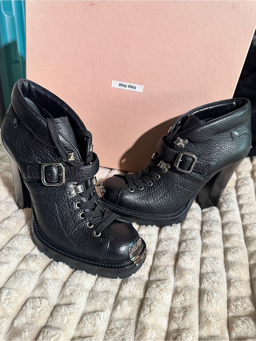 ‼️CLOSET CLOSING FINAL DAYS ‼️ Rare Miu Miu Black Leather Lace-Up Heeled boots